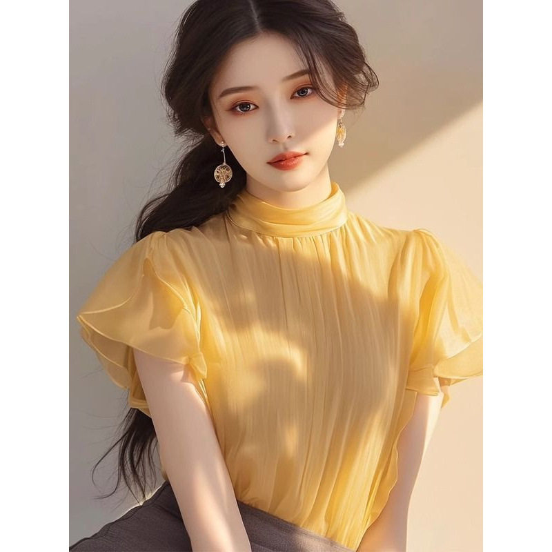 法式气质绝美黄色衬衫女高级荷叶边流行漂亮小衫夏季雪纺短袖上衣