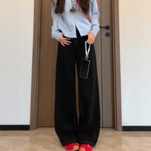 黑色直筒牛仔裤女2026春季新款大码胖mm高腰宽松显瘦阔腿拖地长裤