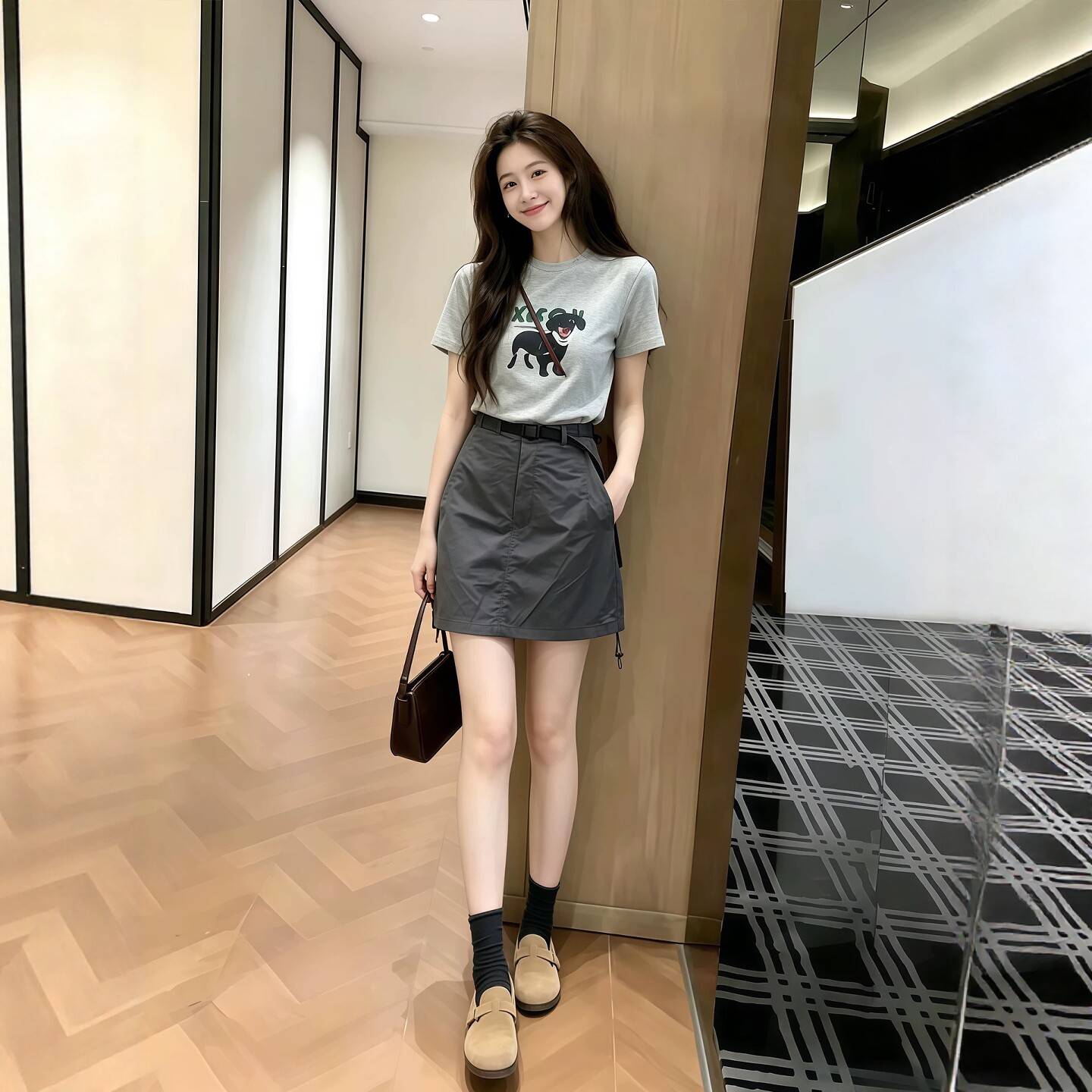 一整套ootd穿搭减龄慵懒通勤休闲卡通印花短袖t恤短裙套装女夏季