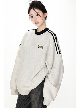 RTYHY 正肩无帽圆领三条杠卫衣女秋冬韩系慵懒风长袖加绒加厚上衣