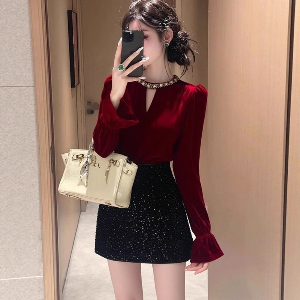 贵气感千金气质女神范重要场合高端精致红色丝绒衬衫连衣裙套装冬