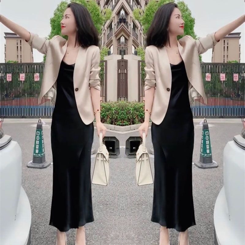 网红时尚西服套装裙女2026夏季新款洋气显瘦吊带裙两件套