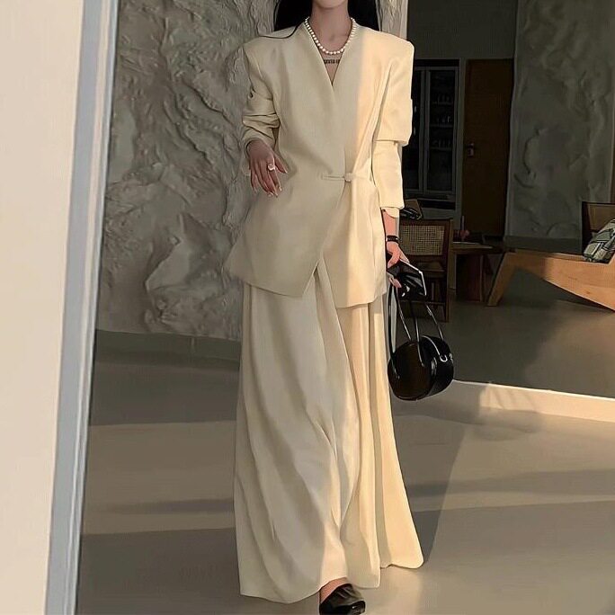 设计极简风中式时尚套装女春秋气质V领西装外套高腰A字长裙两件套