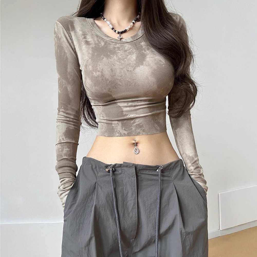 爵士街舞koop扎染紧身上衣女修身内搭长袖打底衫辣妹露脐短款t恤
