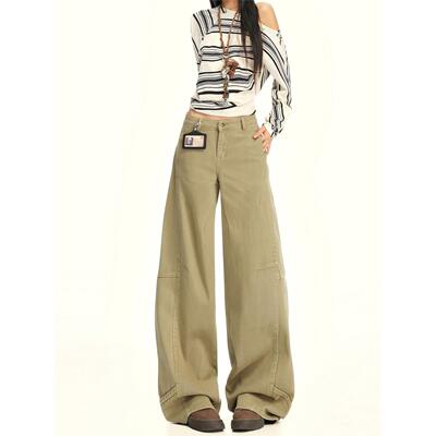 卡其色低腰工装阔腿牛仔