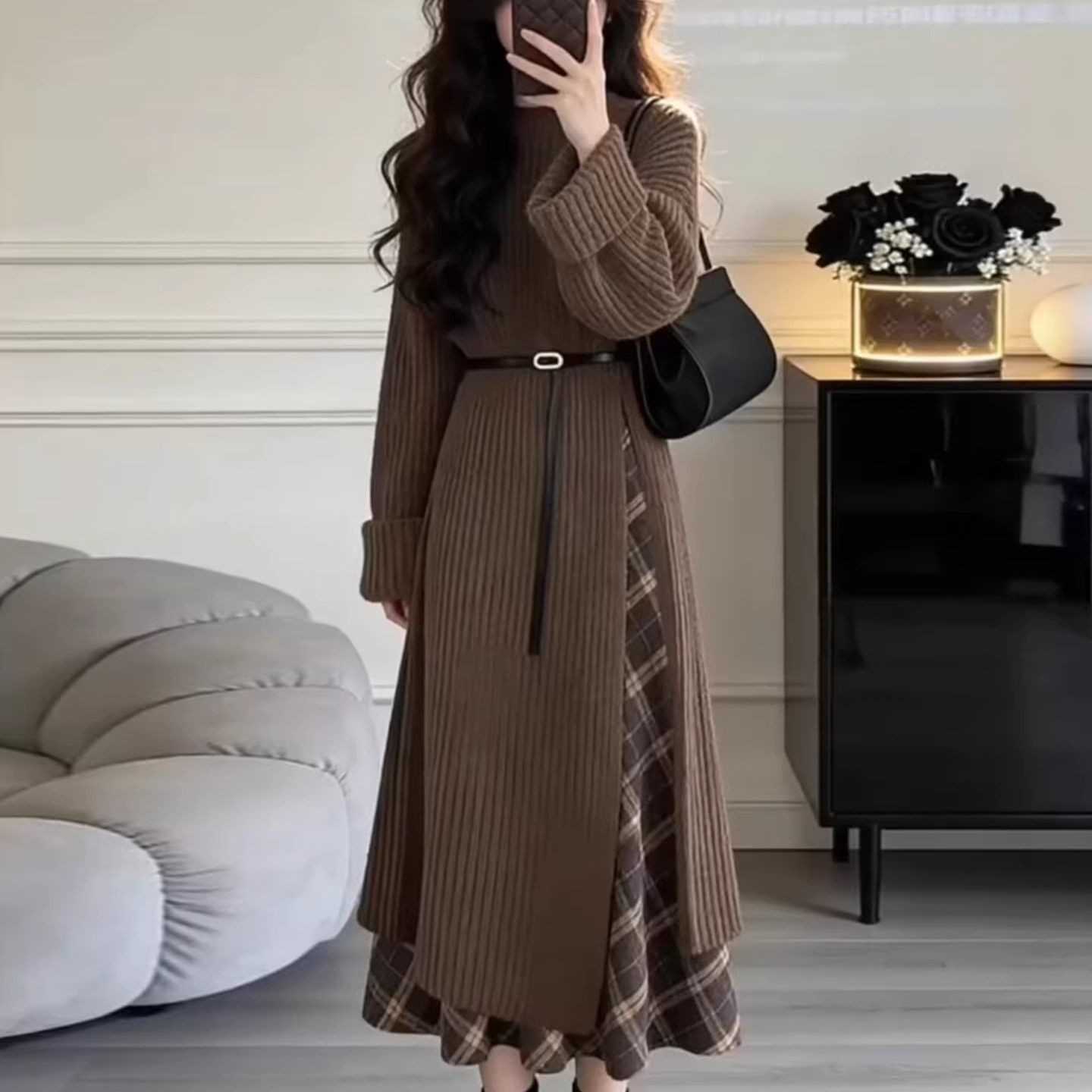 秋冬美拉德套装女气质高级感针织毛衣搭高腰显瘦格子半身裙两件套