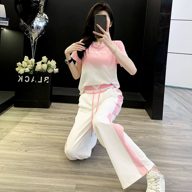 休闲运动服套装女2026新款夏渐变短袖阔腿长裤两件套时尚洋气显瘦