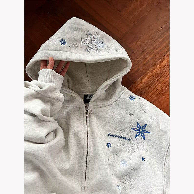 美式中性风雪花刺绣连帽卫衣女冬季新款加绒加厚显瘦情侣开衫外套