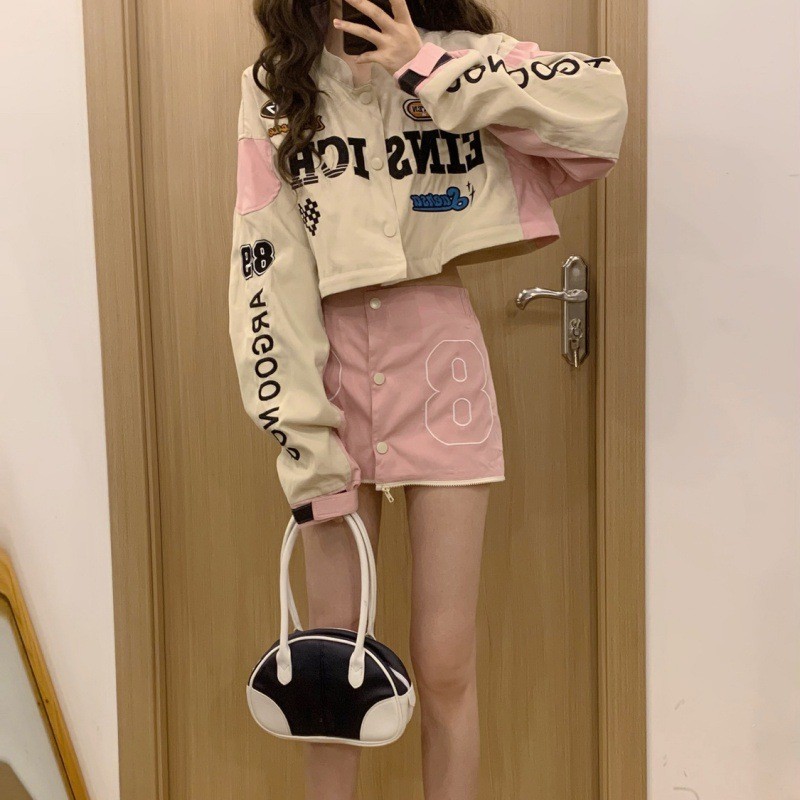 粉色炸街机车服女赛车可拆卸夹克辣妹棒球服ins秋季美式复古外套