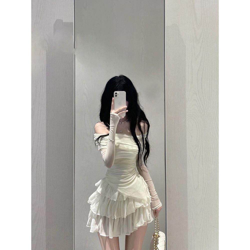 纯欲香肩露肩修身上衣+蛋糕半身裙套装夏装女一字肩辣妹纯欲风两
