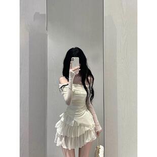纯欲香肩露肩修身上衣+蛋糕半身裙套装夏装女一字肩辣妹纯欲风两
