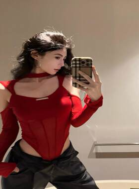 性感连体衣纯欲辣妹网纱拼接长袖打底衫小心机镂空设计感上衣女秋