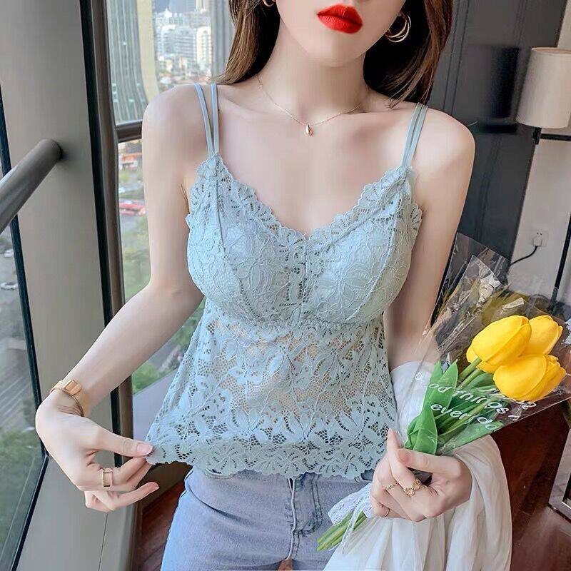 爆款法式美背蕾丝吊带背心女带胸垫镂空内搭夏季薄款打底百搭