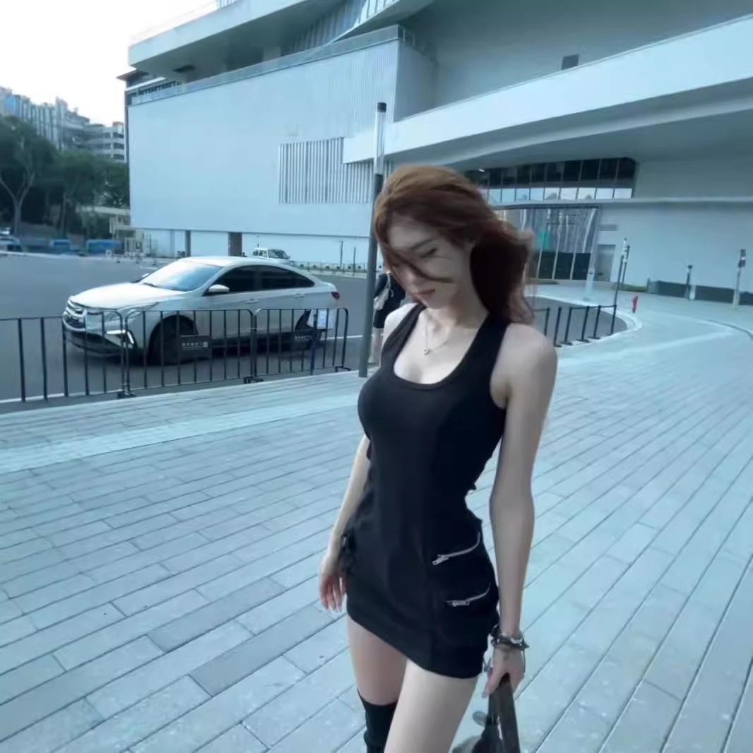 美式辣妹无袖吊带背心连衣裙女装夏季新款黑色修身掐腰包臀短裙子