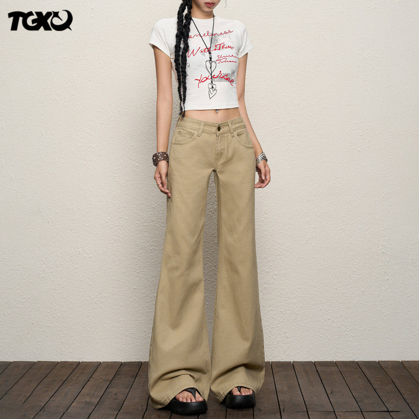 TGXQ美式牛仔裤女2025新款卡其色低腰辣妹覆古拖地不贴腿微喇叭裤