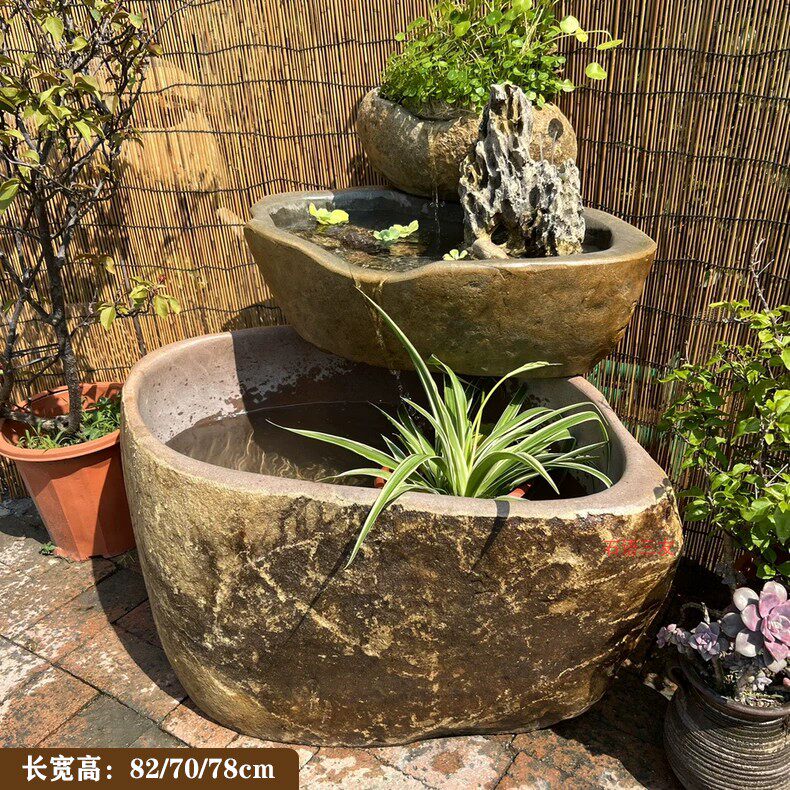 天然原石叠层流水摆件庭院办公室鱼缸生态造景玄关户外石缸风水池