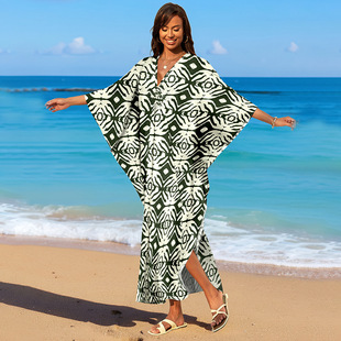 连衣裙女 长袍比基尼罩衫 欧美度假新款 防晒衣人棉印花沙滩宽松大码