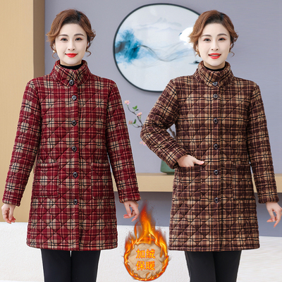 冬季妈妈装加绒加厚中长款立领格子棉衣时尚减龄女士棉袄外套大衣
