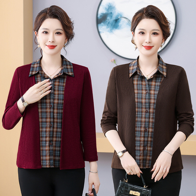 妈妈春装假两件衬衫外套中老年女装洋气格子洋气拼接宽松减龄上衣