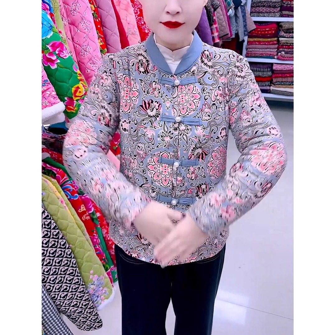 中老年人妈妈时尚印花短款棉衣保中老年女装