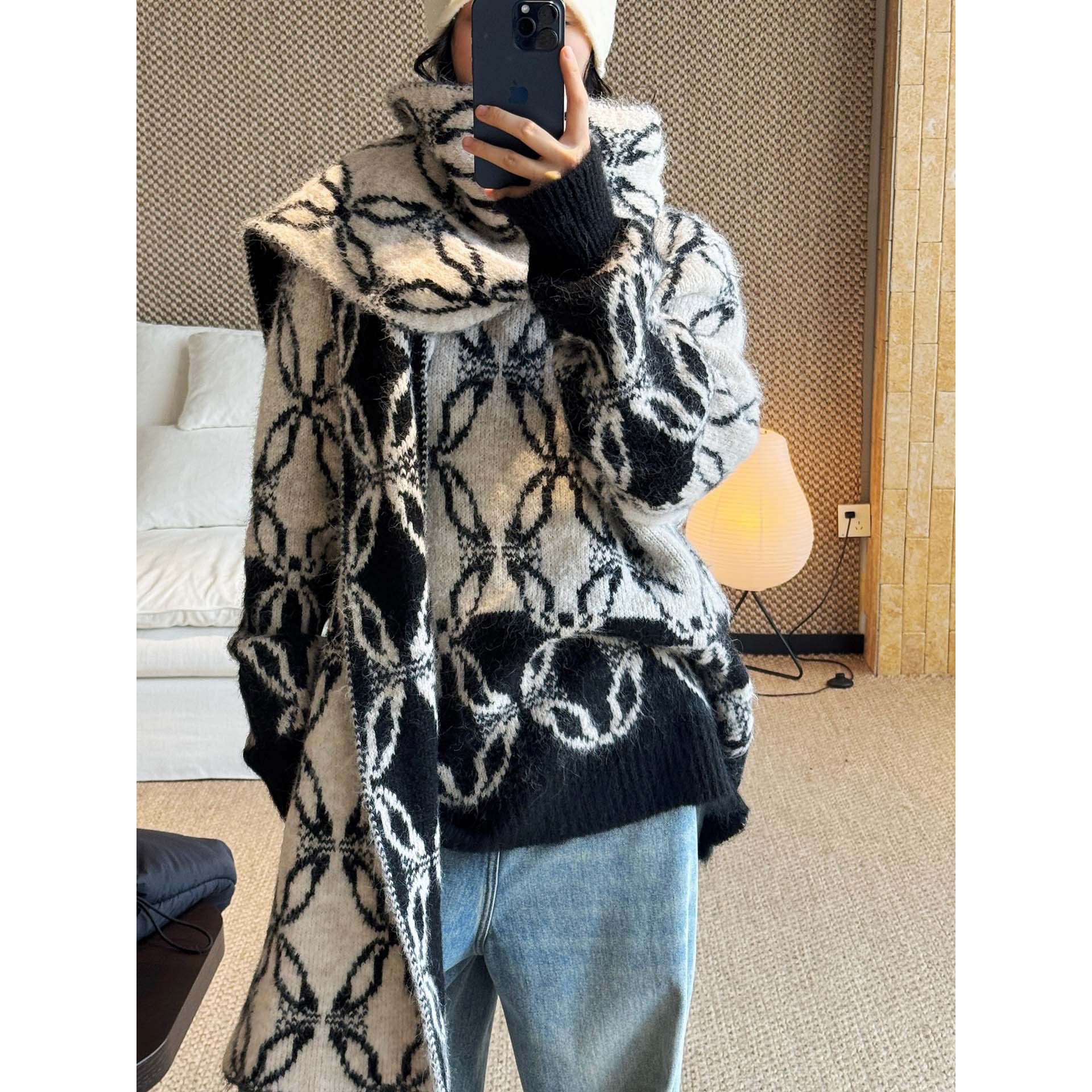 有乐冬季新款韩系复古时髦撞色提花羊毛毛衣搭配围巾宽松上衣女