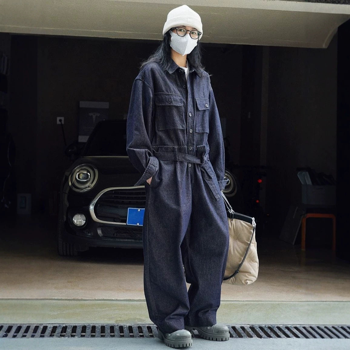 有乐春季新款韩版街头感工装风牛仔连体裤宽松系带休闲连体衣裤女