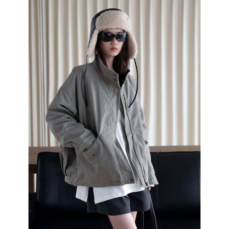 冬季新款韩系工装设计感翻领廓形棉服宽松廓形通勤夹克外套女