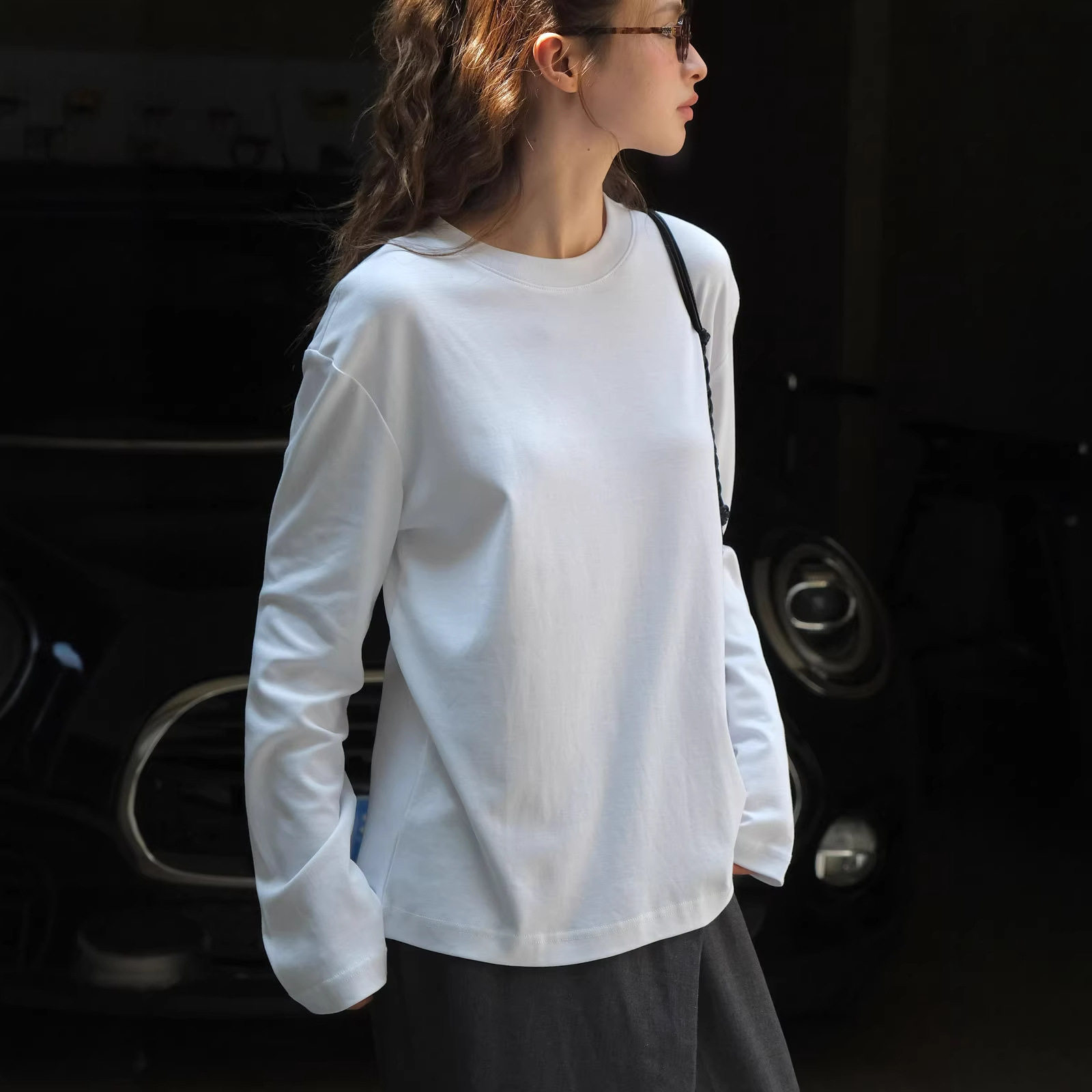 有乐秋季新款韩版简约质感莼棉长袖t恤亲肤舒适宽松显瘦上衣女