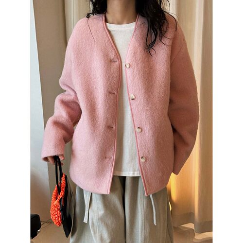 有乐冬季新款韩版时髦休闲v领廓形宽松羊毛单面呢夹棉通勤外套女
