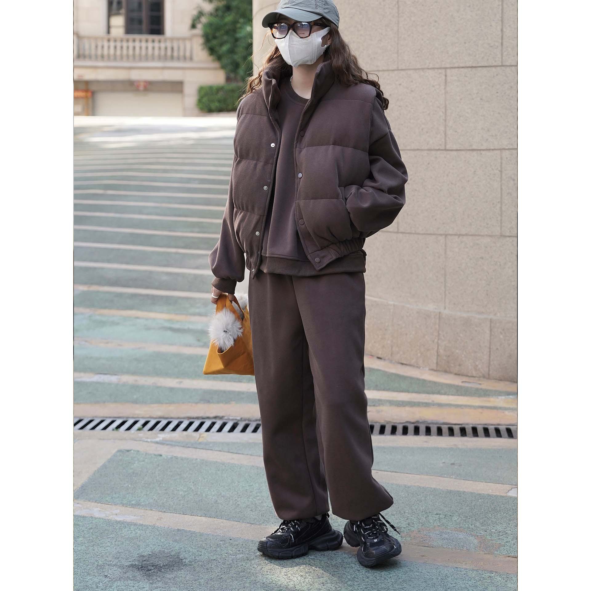 有乐冬季新款韩版简约休闲宽松卫衣卫裤马甲套装舒适保暖三件套女