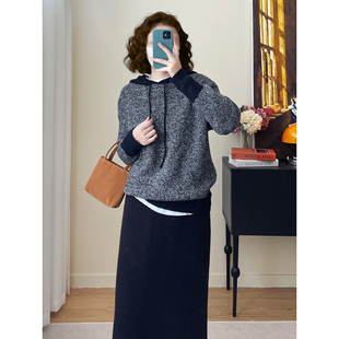 宽松休闲软糯套头连帽毛衣女新款厚实保暖杂色收腰针织上衣外套