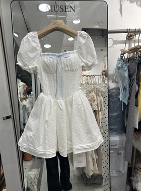 法式甜美风纯色泡泡袖连衣裙女夏季新款收腰显瘦蓬蓬裙