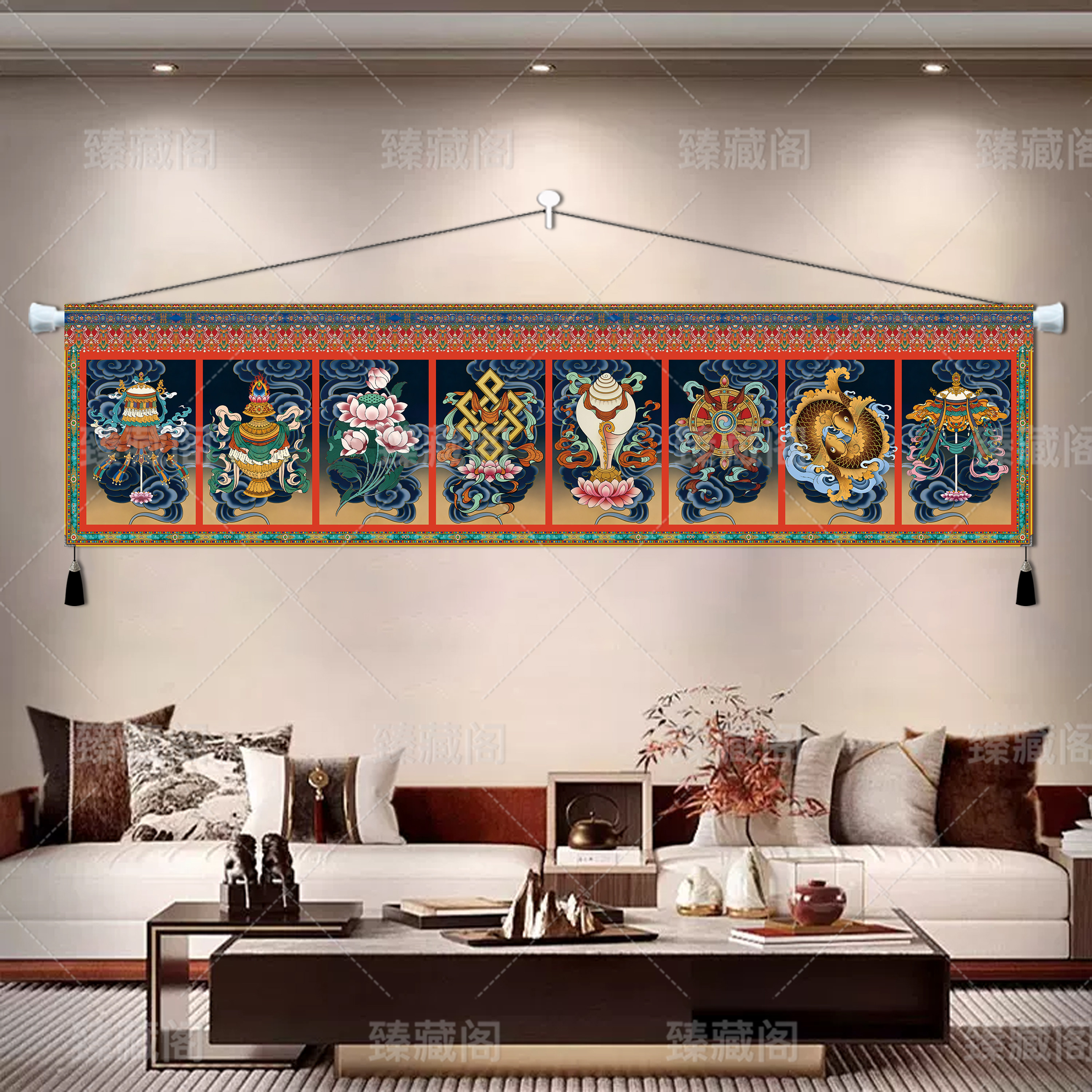 横版八吉祥办公室客厅茶室民宿背景墙藏式佛堂八宝唐卡装饰画挂画