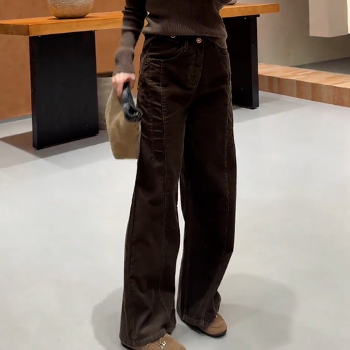 美拉德棕咖色高腰宽松显瘦弯刀裤