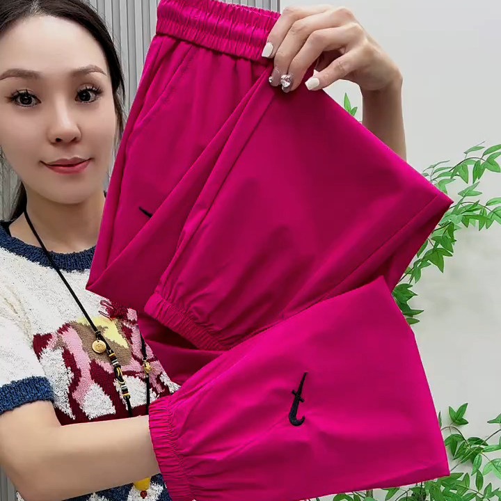 松紧抽绳高腰双勾刺绣休闲速干裤女夏季薄款透气玫红色九分束脚裤