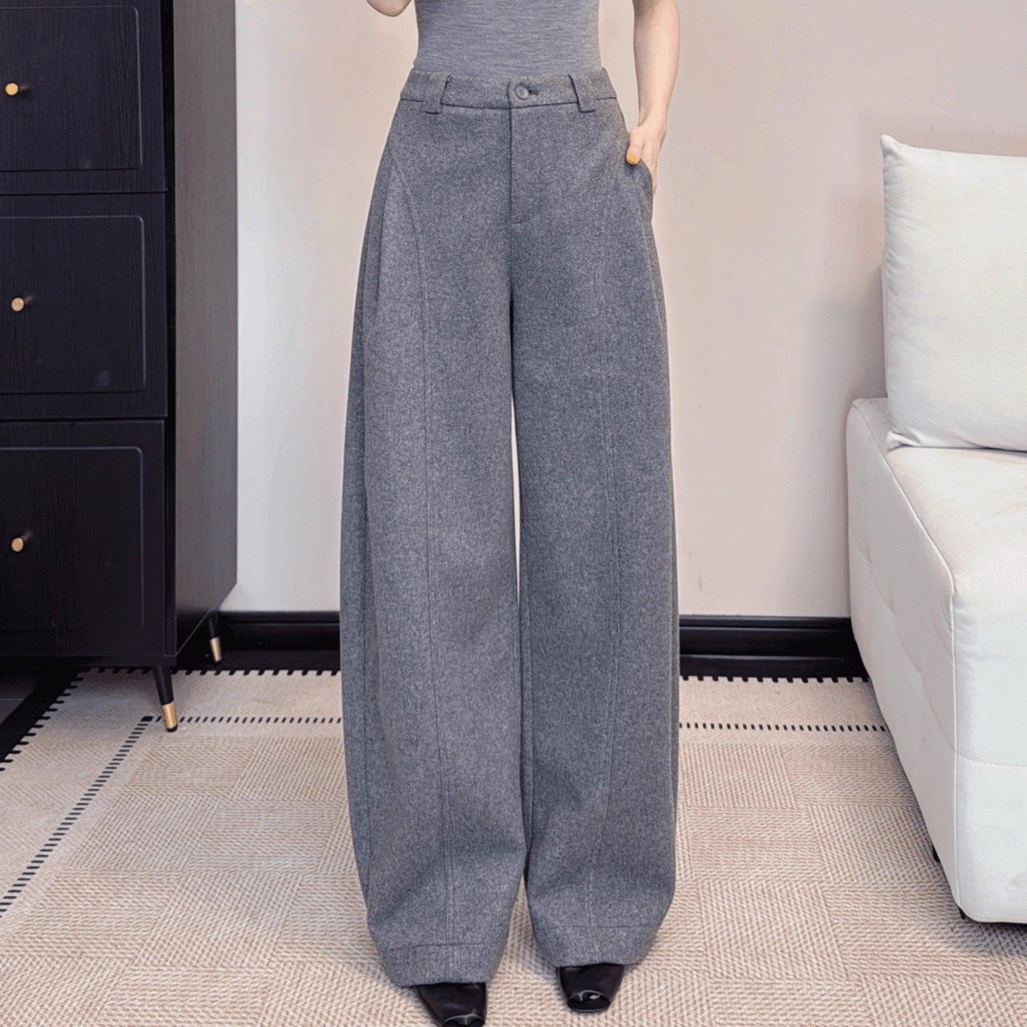 灰色阔腿弯刀裤女冬季加厚2025新款中高腰休闲显瘦遮肉羊毛西装裤,女装/女士精品,大码裤装,淘宝优惠券,粉丝福利购,淘宝优惠卷