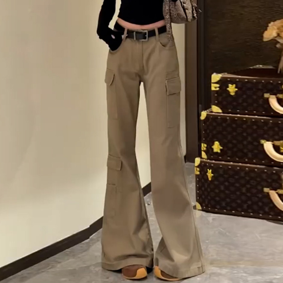 2026春季新款美式复古多口袋纯色设计感工装裤女高腰显瘦百搭微喇,女装/女士精品,大码裤装,淘宝优惠券,粉丝福利购,淘宝优惠卷