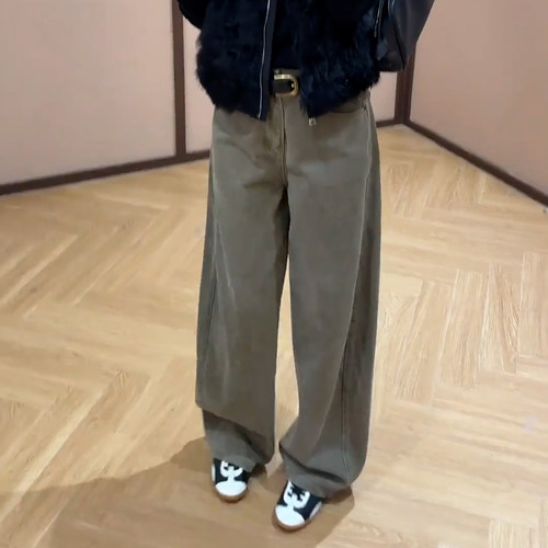 纯色高腰简约显瘦窄版阔腿牛仔裤