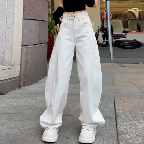 休闲白色显瘦垂感弯刀牛仔阔腿裤