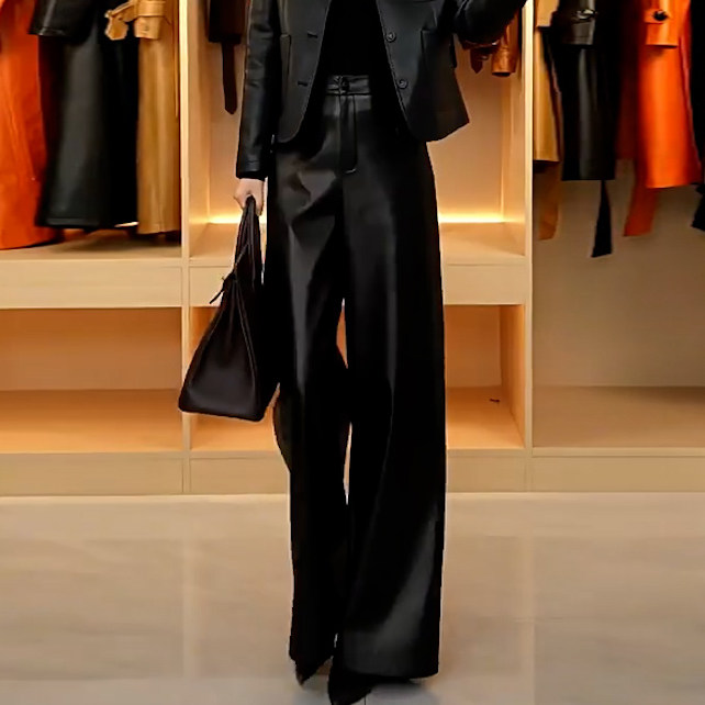 冬季女高腰休闲阔腿拖地皮裤