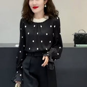 女装 法式 气质波点雪纺衫 大码 春夏秋拼接荷叶领小衫 遮肚减龄上衣
