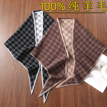 秋冬100%纯羊毛围巾女针织保暖双面披肩外搭加厚大三角巾围脖两用