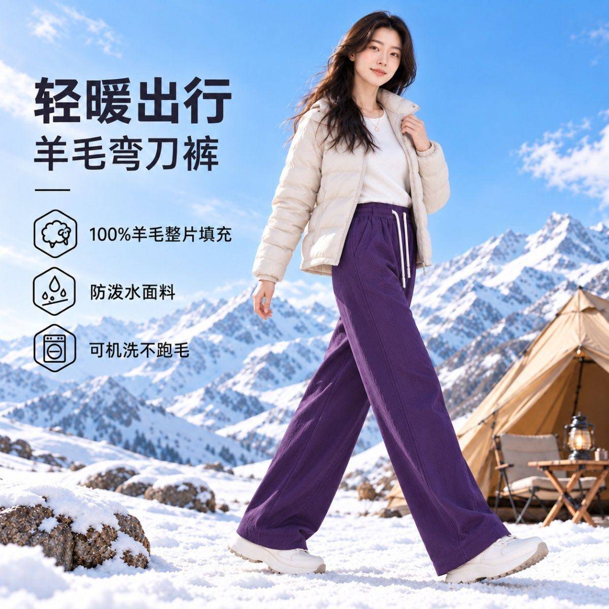 100%羊毛高腰抽绳阔腿保暖裤女