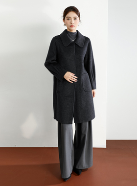 2025冬新款双面呢羊绒大衣女中长宽松一字领妈妈装羊毛外套15820