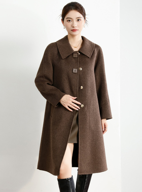 红色2025新款秋冬时尚百搭翻领单排扣中长款双面呢毛呢外套15779