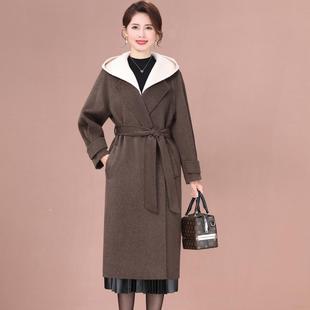 2025秋冬新款双面大衣女桑蚕丝牦牛绒长款系带西装领带帽羊毛大衣