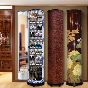 红木系列创意旋转鞋柜圆形圆柱圆筒实木美式新中式家用收纳大容量