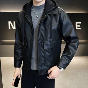 假两件加厚皮衣外套男士潮流帅气机车服秋冬皮夹克骑行保暖休闲装