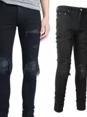 New European and American High Street Fashion Brand Ripped Patchwork Leather Patch Elastic Slim Fit Washed Black Jeans for Men Trendy
