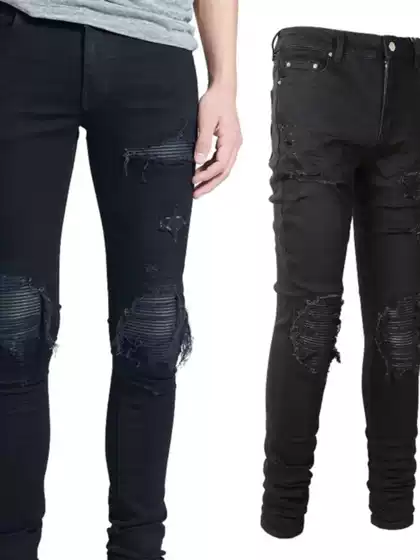 New European and American High Street Fashion Brand Ripped Patchwork Leather Patch Elastic Slim Fit Washed Black Jeans for Men Trendy